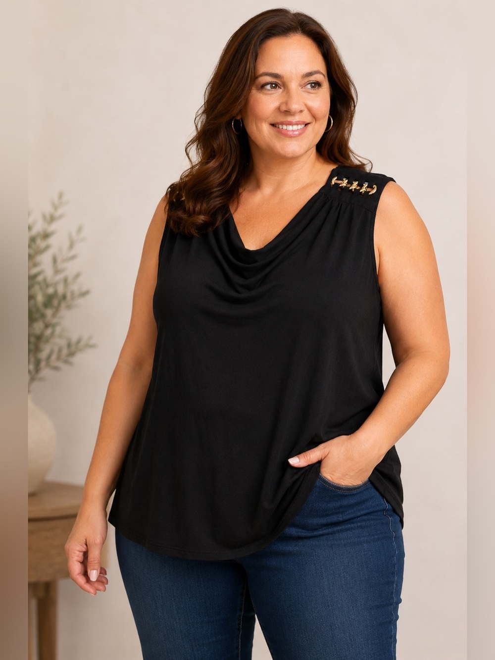 NWT Dana Buchman Black Gold Chain Cowl Neck Sleeveless Top Size  XL Extra Large